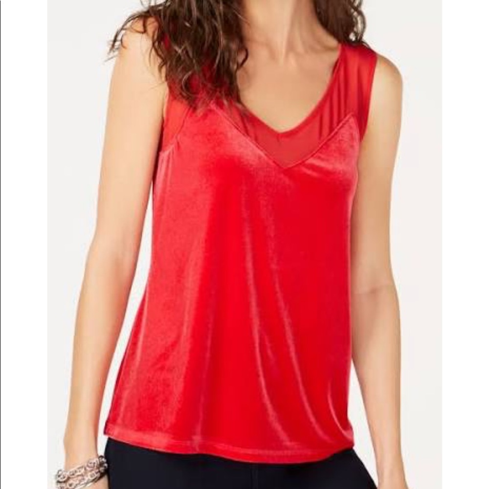 INC Velvet Sheer V- Neck Tank Red Large